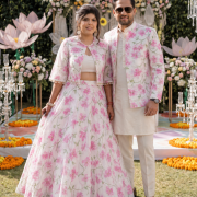 Floral Printed Organza Couple Outfit In Pink Colour