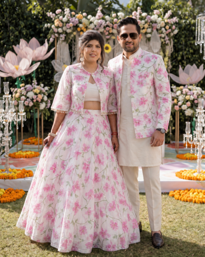 Floral Printed Organza Couple Outfit In Pink Colour