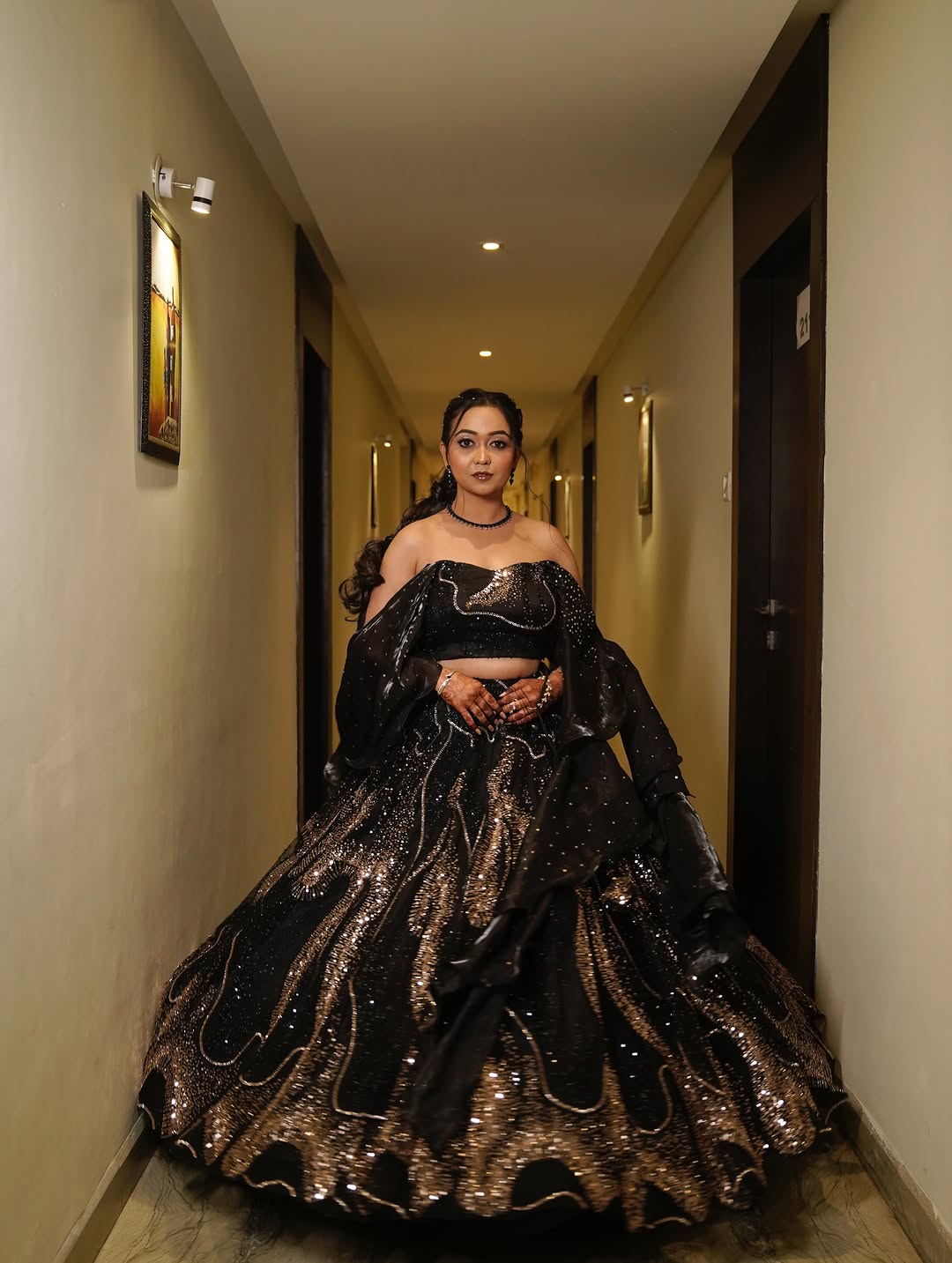 Designer Off Shoulder Heavy Golden Cut Dana & Sequin Embroidered Lehenga In Black Colour