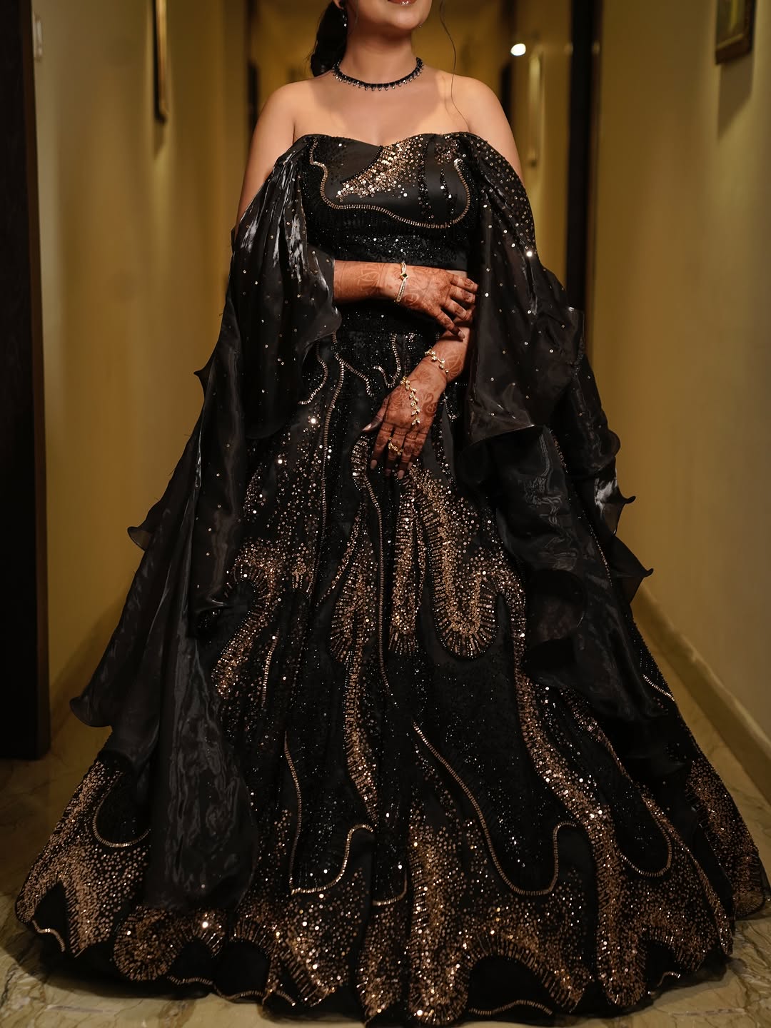 Designer Off Shoulder Heavy Golden Cut Dana & Sequin Embroidered Lehenga In Black Colour