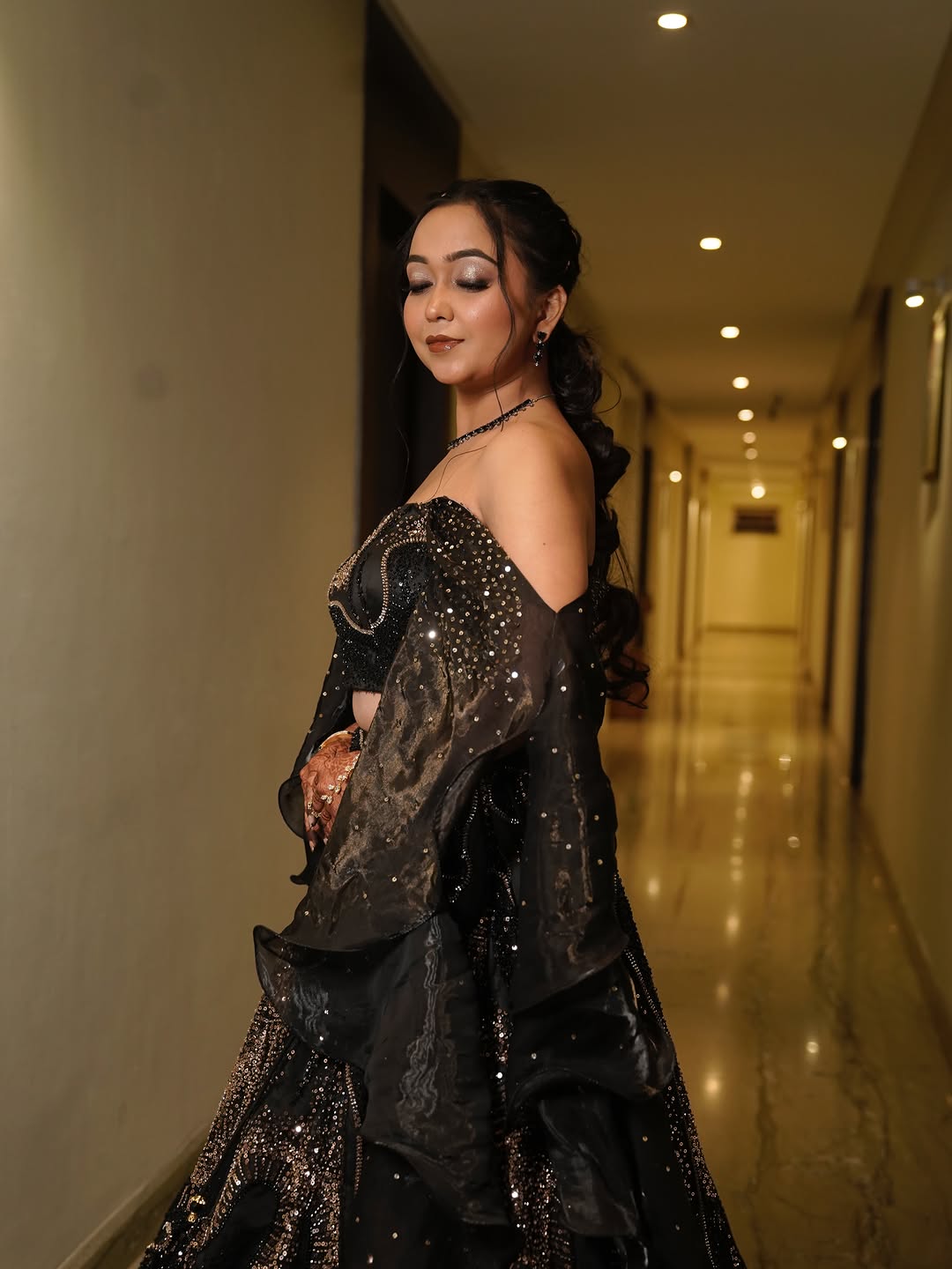 Designer Off Shoulder Heavy Golden Cut Dana & Sequin Embroidered Lehenga In Black Colour