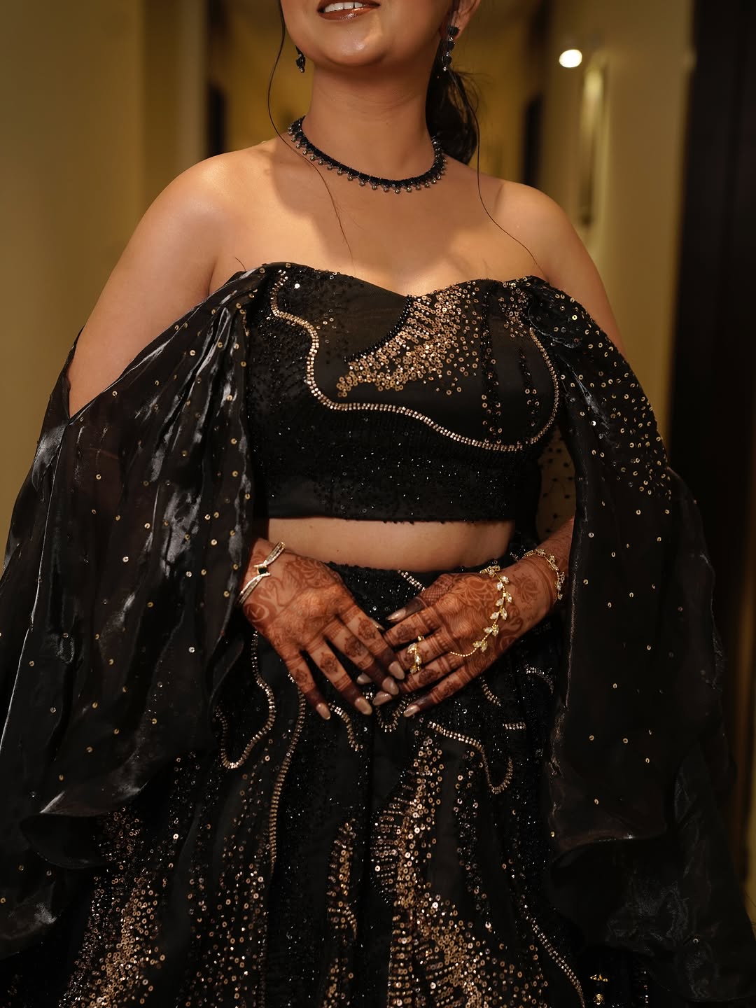 Designer Off Shoulder Heavy Golden Cut Dana & Sequin Embroidered Lehenga In Black Colour