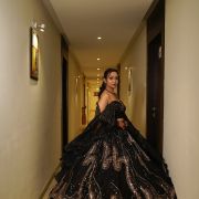 Designer Off Shoulder Heavy Golden Cut Dana & Sequin Embroidered Lehenga In Black Colour