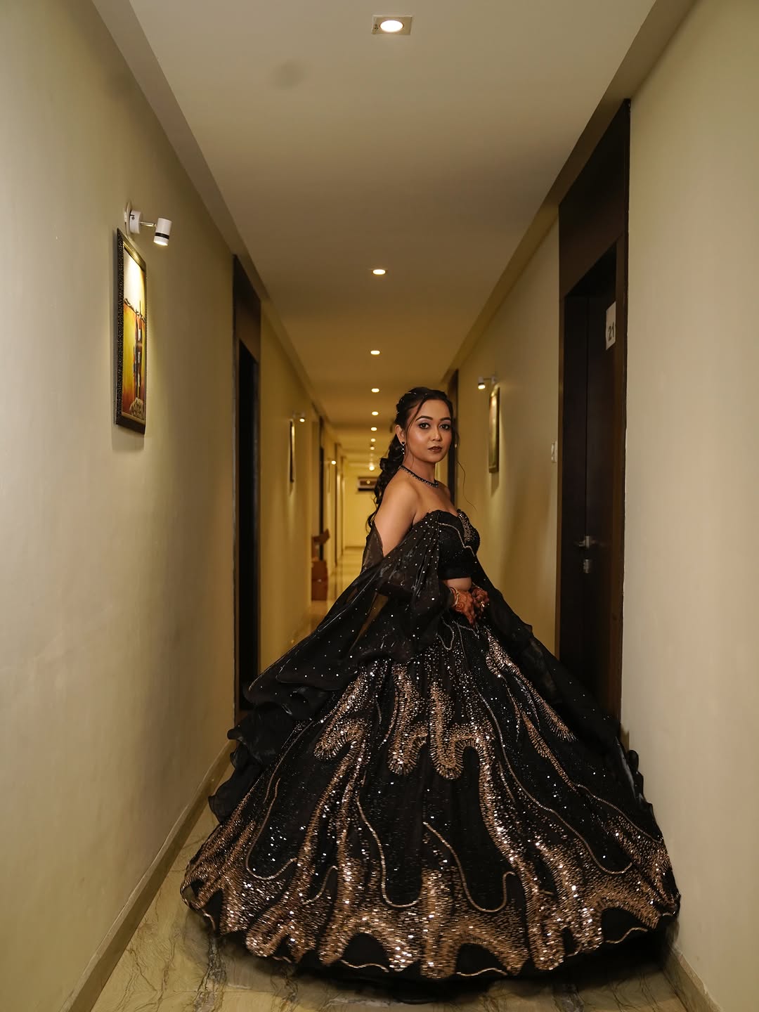 Designer Off Shoulder Heavy Golden Cut Dana & Sequin Embroidered Lehenga In Black Colour