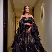 Designer Off Shoulder Heavy Golden Cut Dana & Sequin Embroidered Lehenga In Black Colour