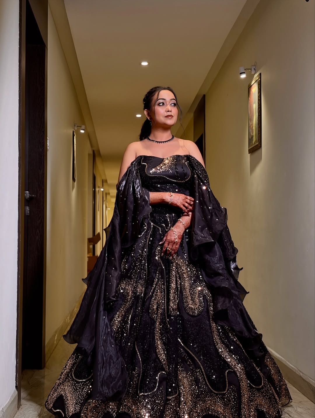 Designer Off Shoulder Heavy Golden Cut Dana & Sequin Embroidered Lehenga In Black Colour