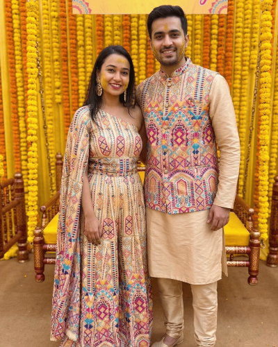 Thread Embroidered Bohemian Pattern Couple Outfit In Multicolour
