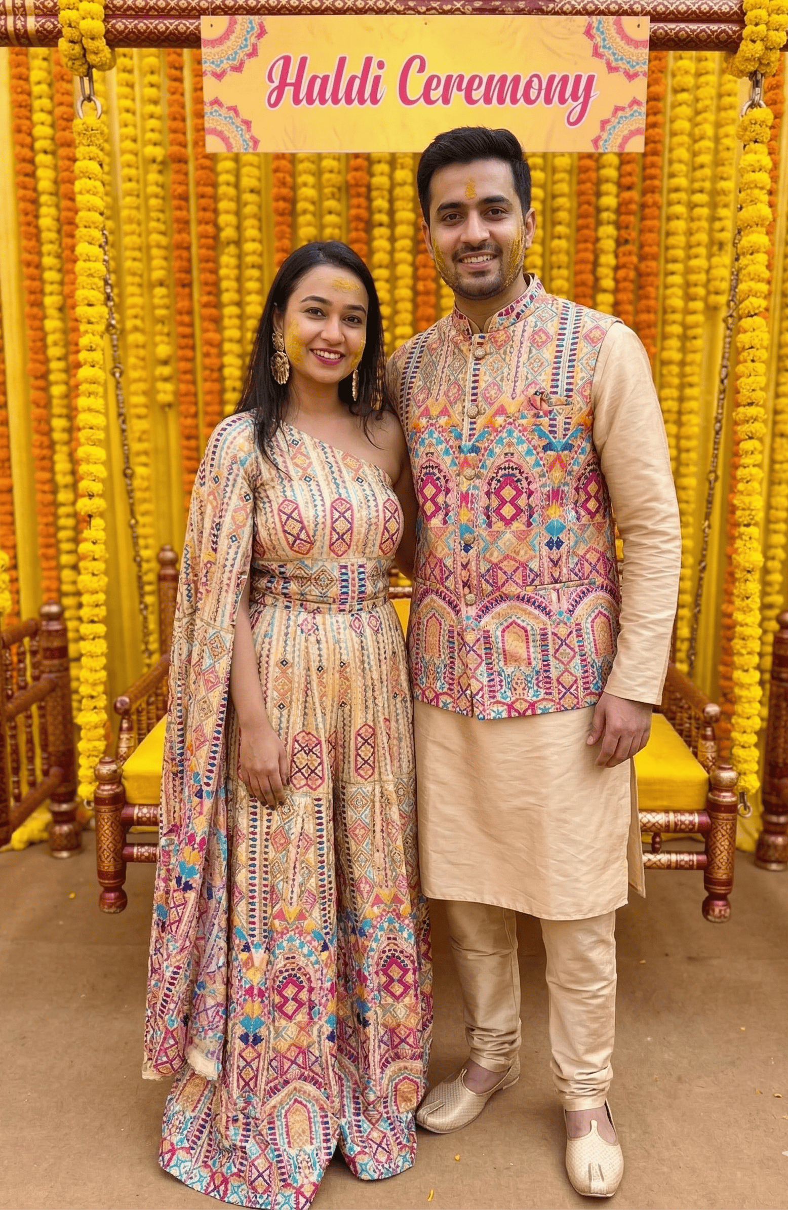 Thread Embroidered Bohemian Pattern Couple Outfit In Multicolour