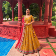 Pure Chinon Doriya And Zari Embroidered Lehenga With Handmade Rai Bandhej Dupatta