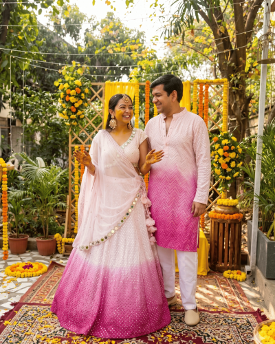 Faux Mirror Georgette Ombre Couple Outfit In Pink Colour