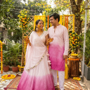 Faux Mirror Georgette Ombre Couple Outfit In Pink Colour