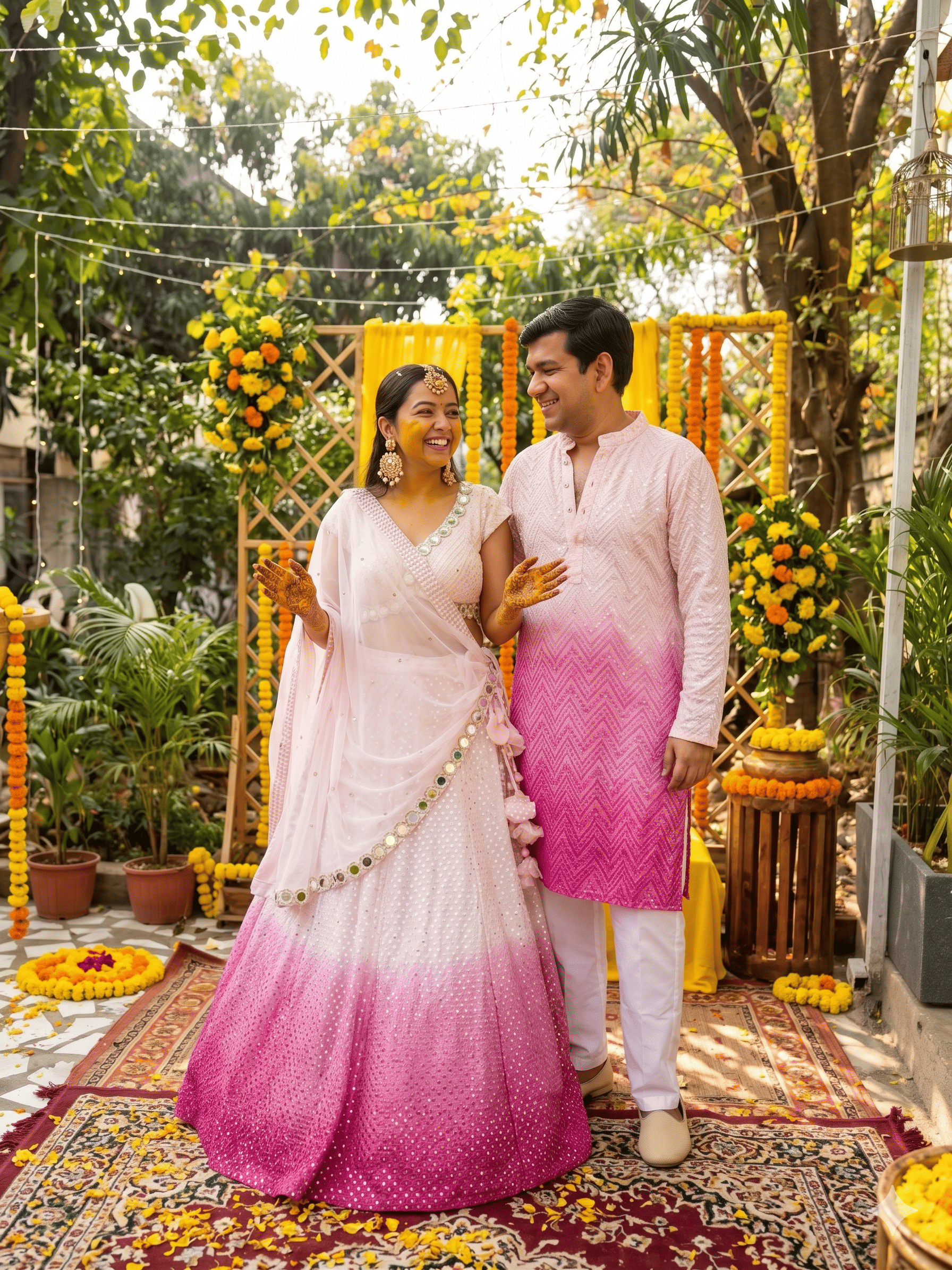 Faux Mirror Georgette Ombre Couple Outfit In Pink Colour