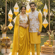 Pure Crepe Couple Outfit In Yellow Colour
