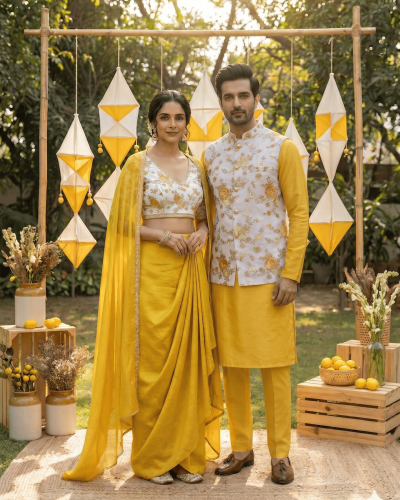 Pure Crepe Couple Outfit In Yellow Colour