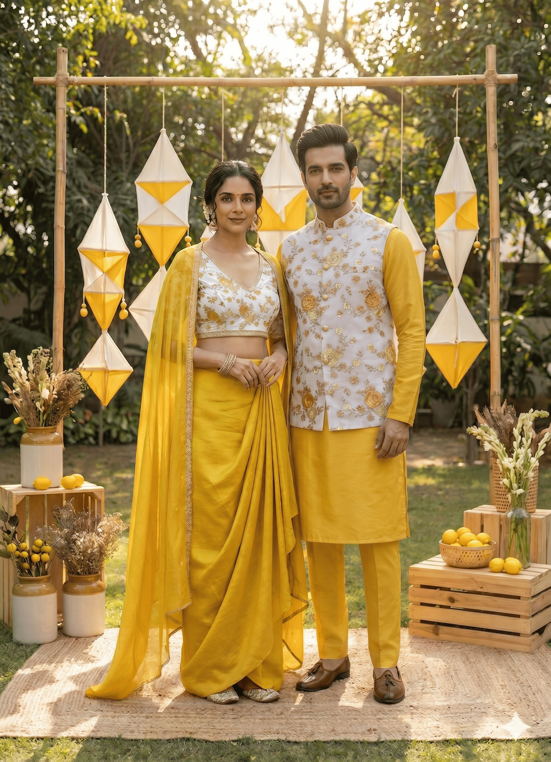 Pure Crepe Couple Outfit In Yellow Colour