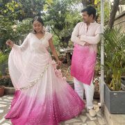 Faux Mirror Georgette Ombre Couple Outfit In Pink Colour