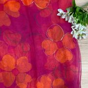 Orange Floral Print With Gold Foil Detailing On Pink Organza Fabric