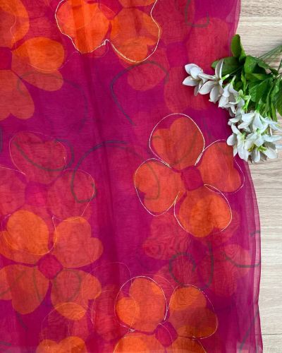 Orange Floral Print With Gold Foil Detailing On Pink  Organza Fabric