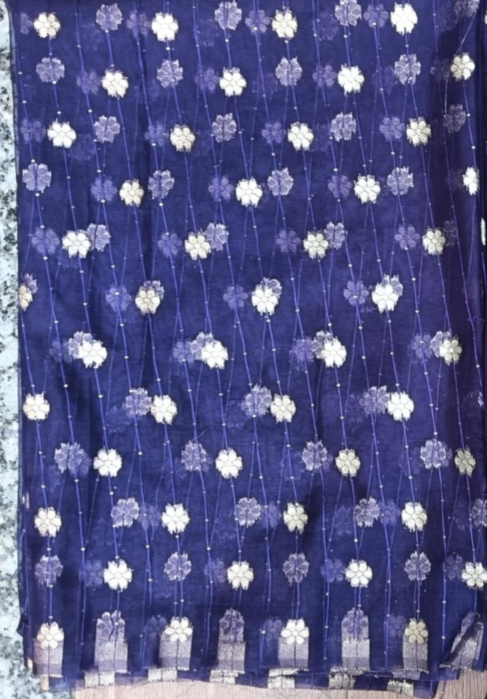 Organza Silk With Woven Gold Buti Fabric In Purple Colour