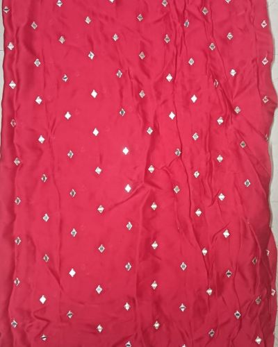 Faux Mirror Embroidery On Red Crepe Fabric