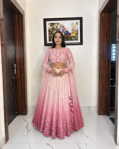 Thread And Sequin Floral Embroidered Ombre Lehenga In White And Pink Colour