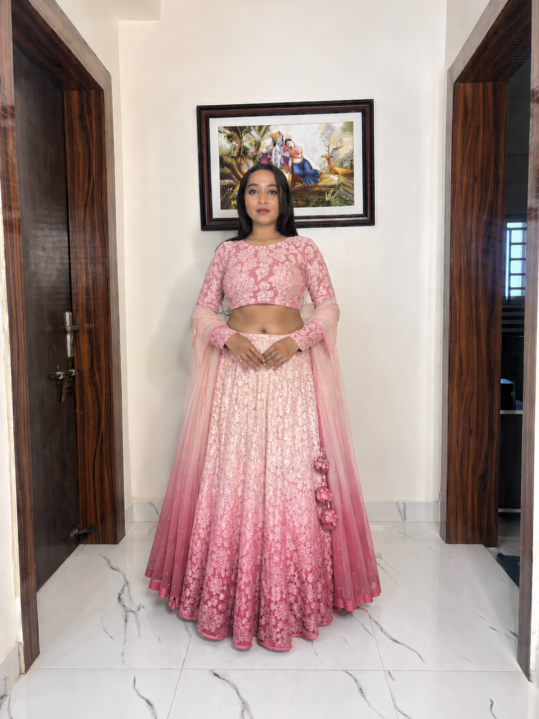 Thread And Sequin Floral Embroidered Ombre Lehenga In White And Pink Colour