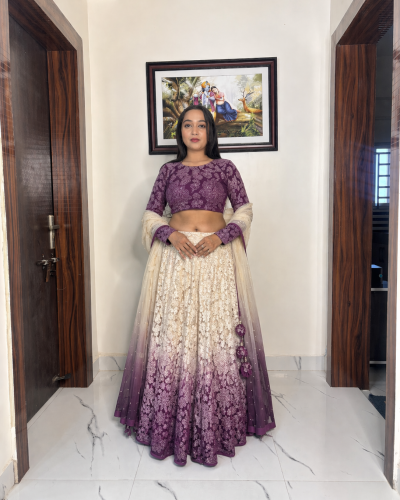 Thread And Sequin Floral Embroidered Ombre Lehenga In White And Purple Colour