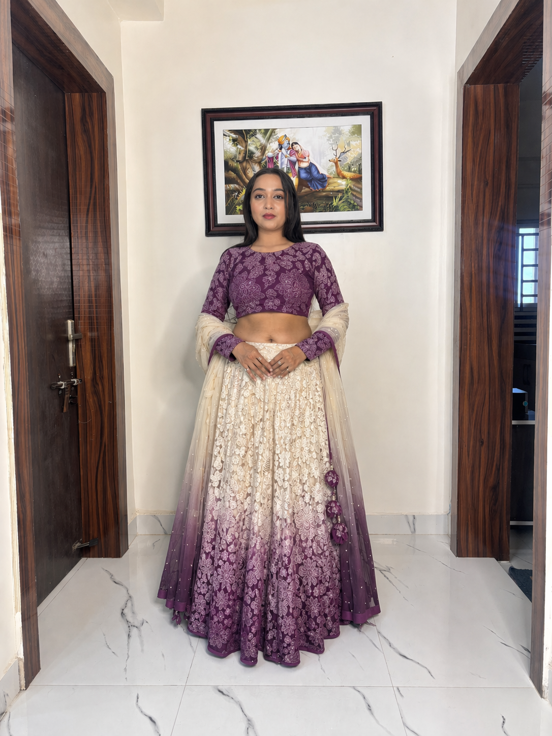 Thread And Sequin Floral Embroidered Ombre Lehenga In White And Purple Colour
