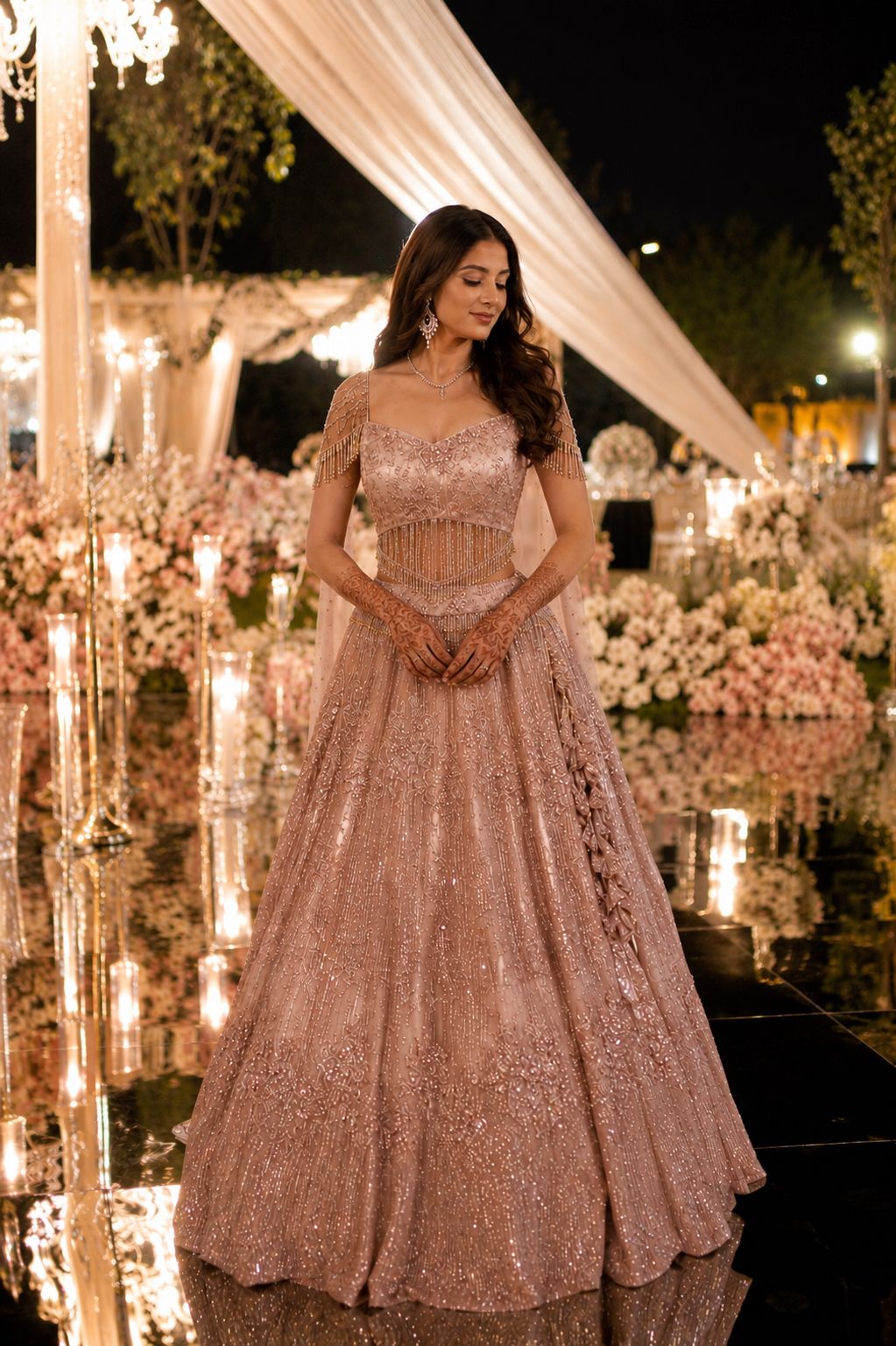 Glitter And Pearl Embellishment lehenga In Rose Gold Colour