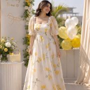 Floral Printed Gown In White And Yellow Colour