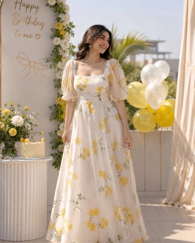 Floral Printed Gown In White And Yellow Colour