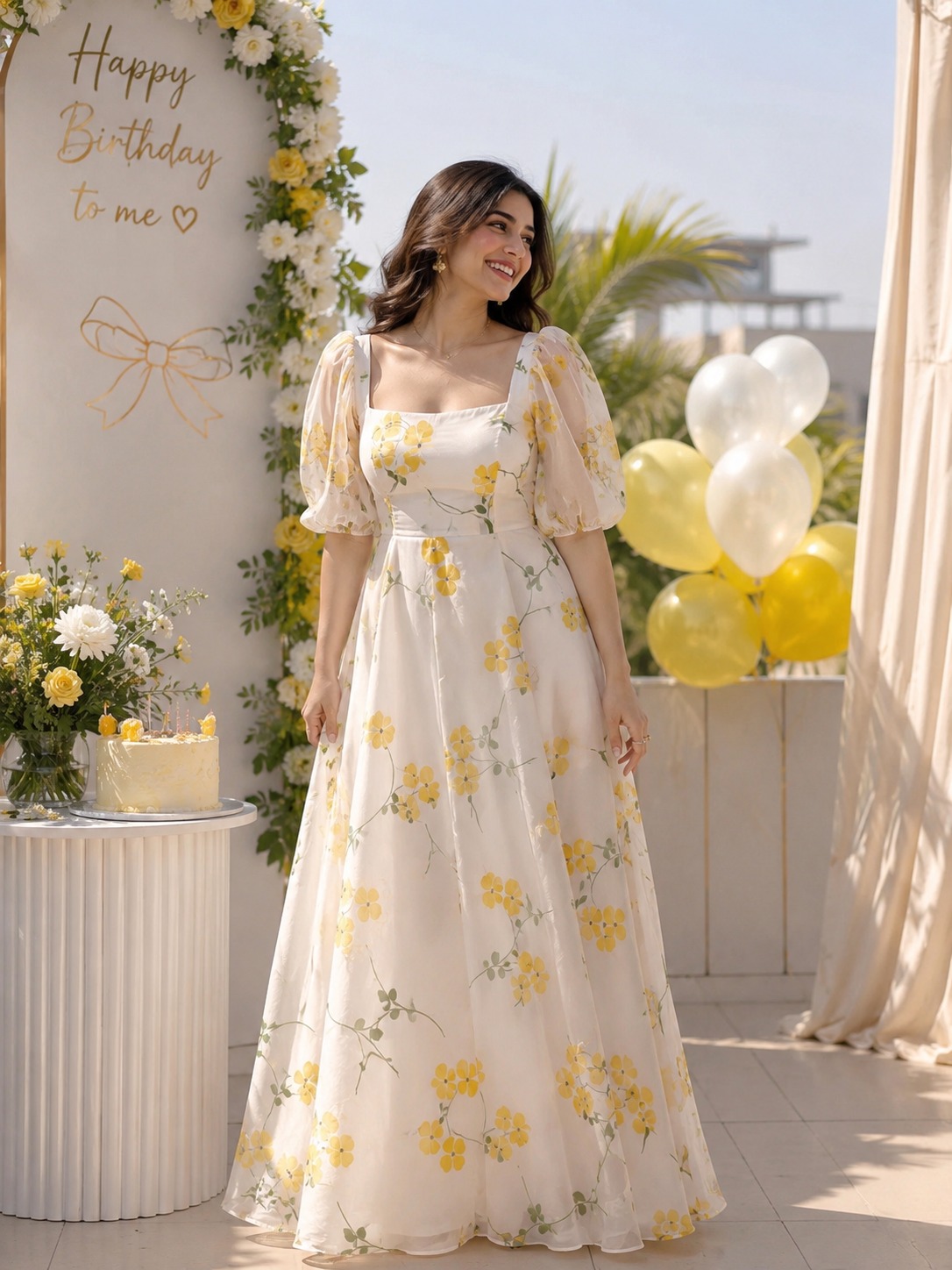 Floral Printed Gown In White And Yellow Colour
