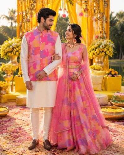 Organza Printed Couple Outfit In Multicolour