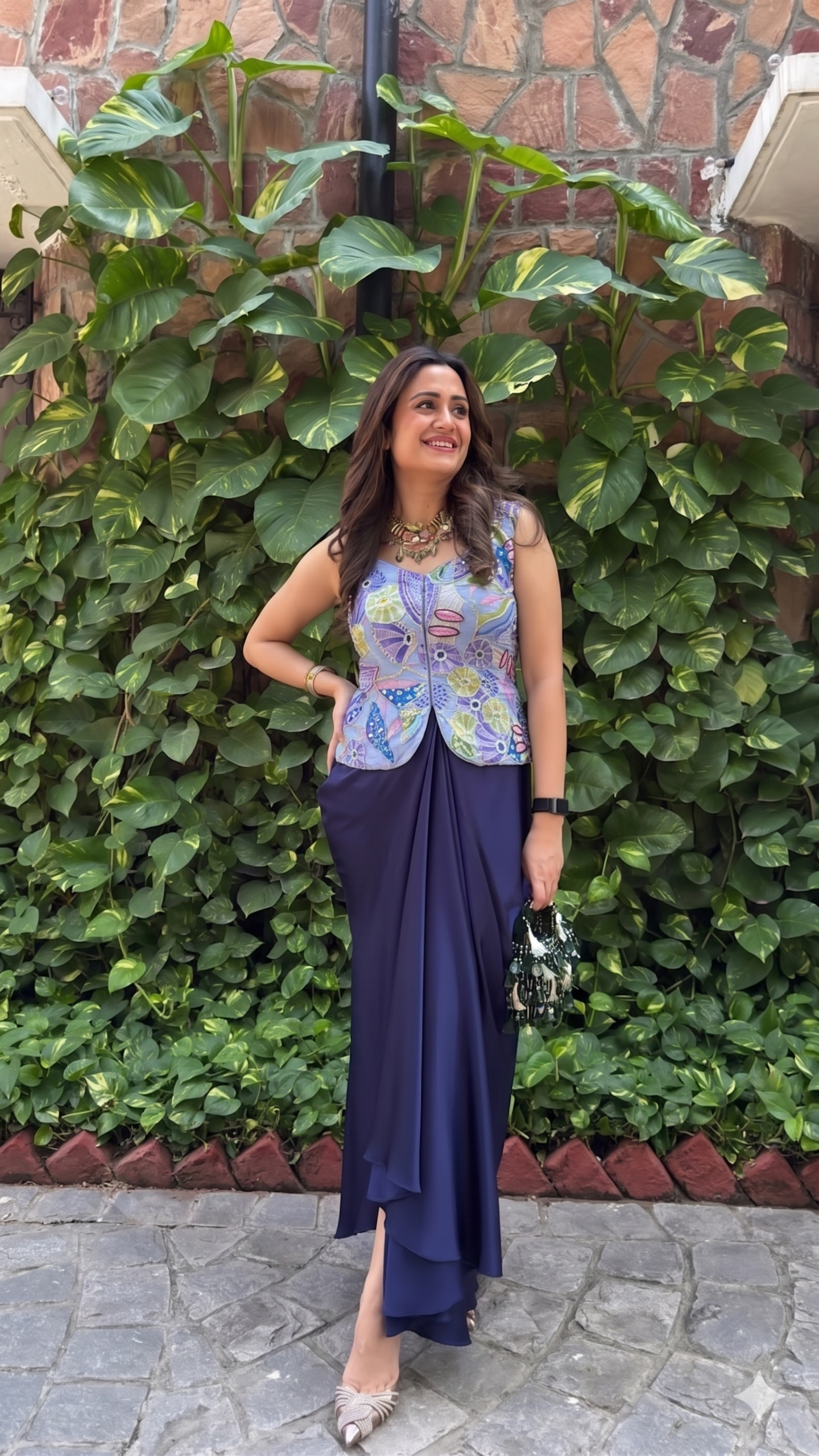 Dhoti Dress With Position Print & Floral Sequin Embroidered Top