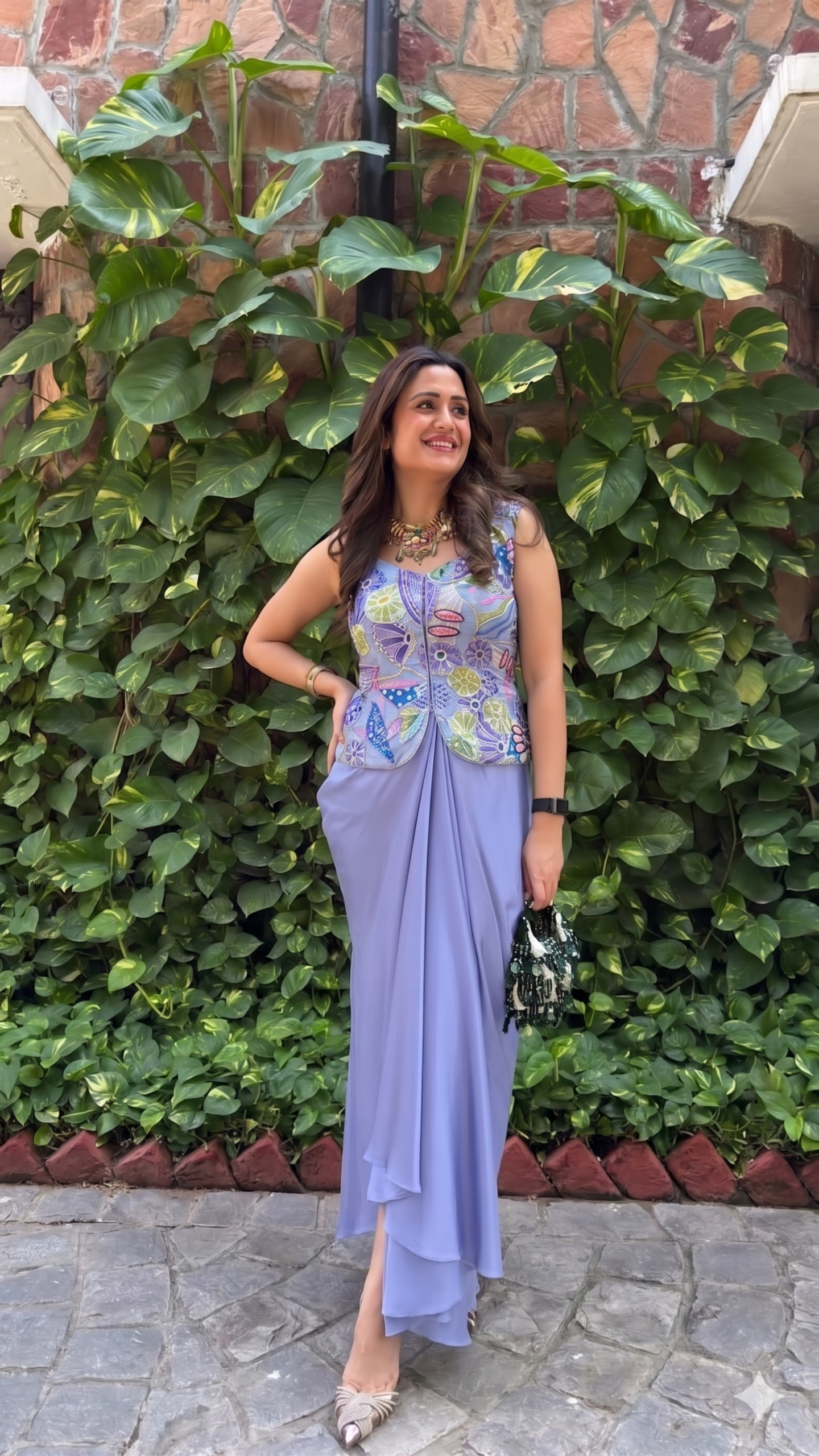 Dhoti Dress With Position Print & Floral Sequin Embroidered Top