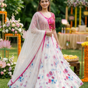 Floral Printed Georgette Lehenga In White Colour