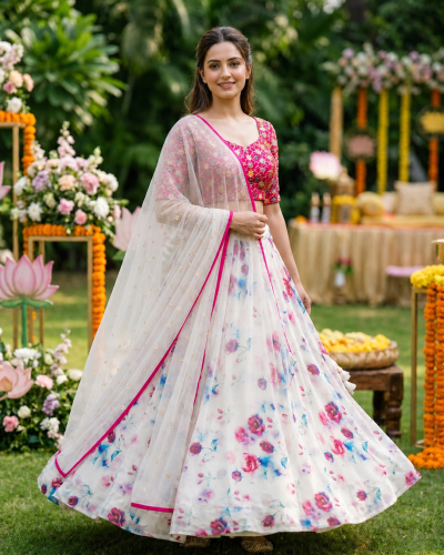 Floral Printed Georgette Lehenga In White Colour