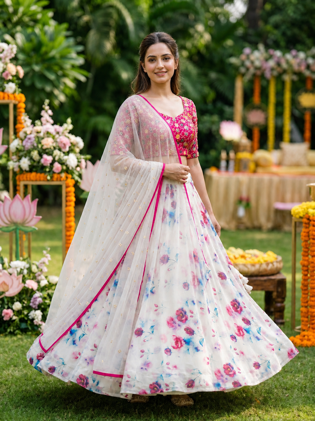 Floral Printed Georgette Lehenga In White Colour