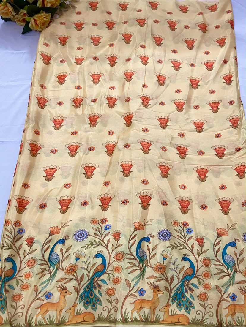 Peacock Print Couple Outfit In Cream Beige Colour
