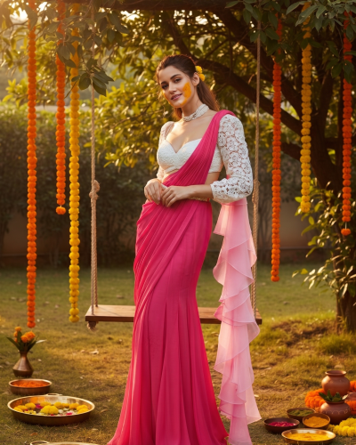 Drape Saree With Floral Thread & Embroidered Blouse
