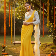 Yellow Drape Saree With Floral Thread & Embroidered Blouse