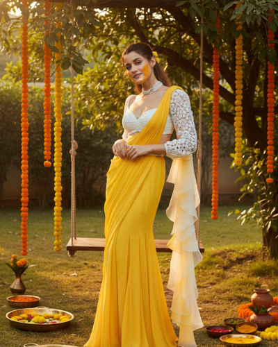 Yellow Drape Saree With Floral Thread & Embroidered Blouse