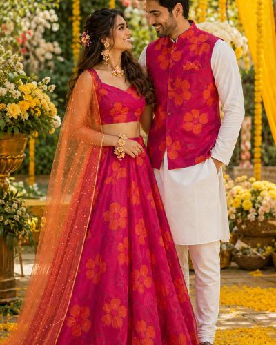 Floral Printed Organza Couple Outfit