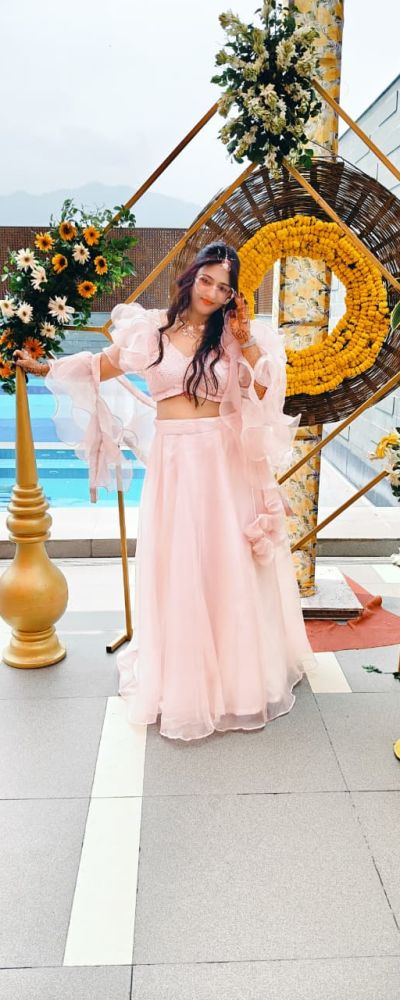 Ruffle Sleeves Organza Lehenga With Faux Mirror Blouse