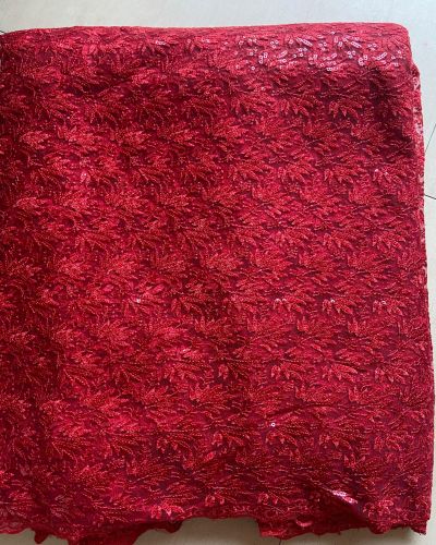 Deep Red Thread & Sequin Lace Net Fabric