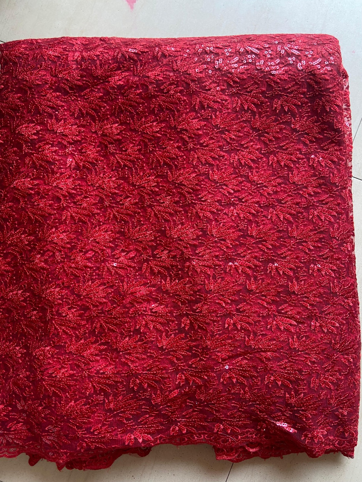 Deep Red Thread & Sequin Lace Net Fabric