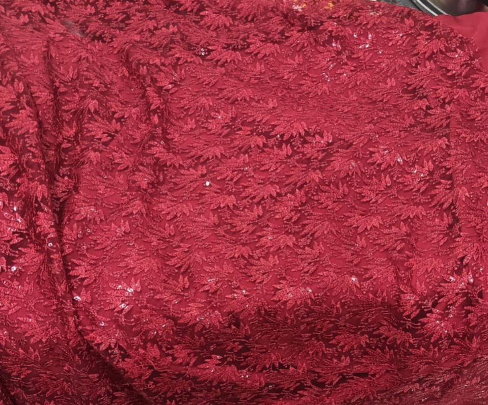 Deep Red Thread & Sequin Lace Net Fabric