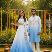 Hand Painted & Hand Dyed Couple Outfit In Sky Blue Colour