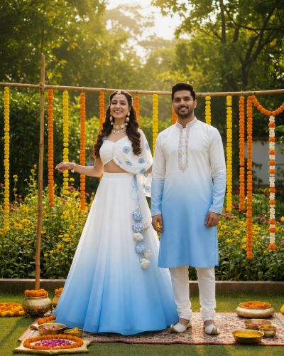 Hand Painted & Hand Dyed Couple Outfit In Sky Blue Colour