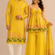 Lotus Print Couple Outfit In Yellow Colour